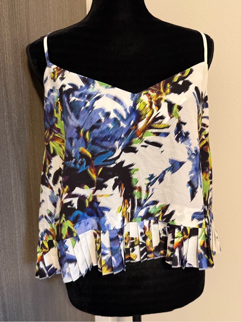 French Connection White Floral Pleated-Hem Camisole with Blue & Green Print